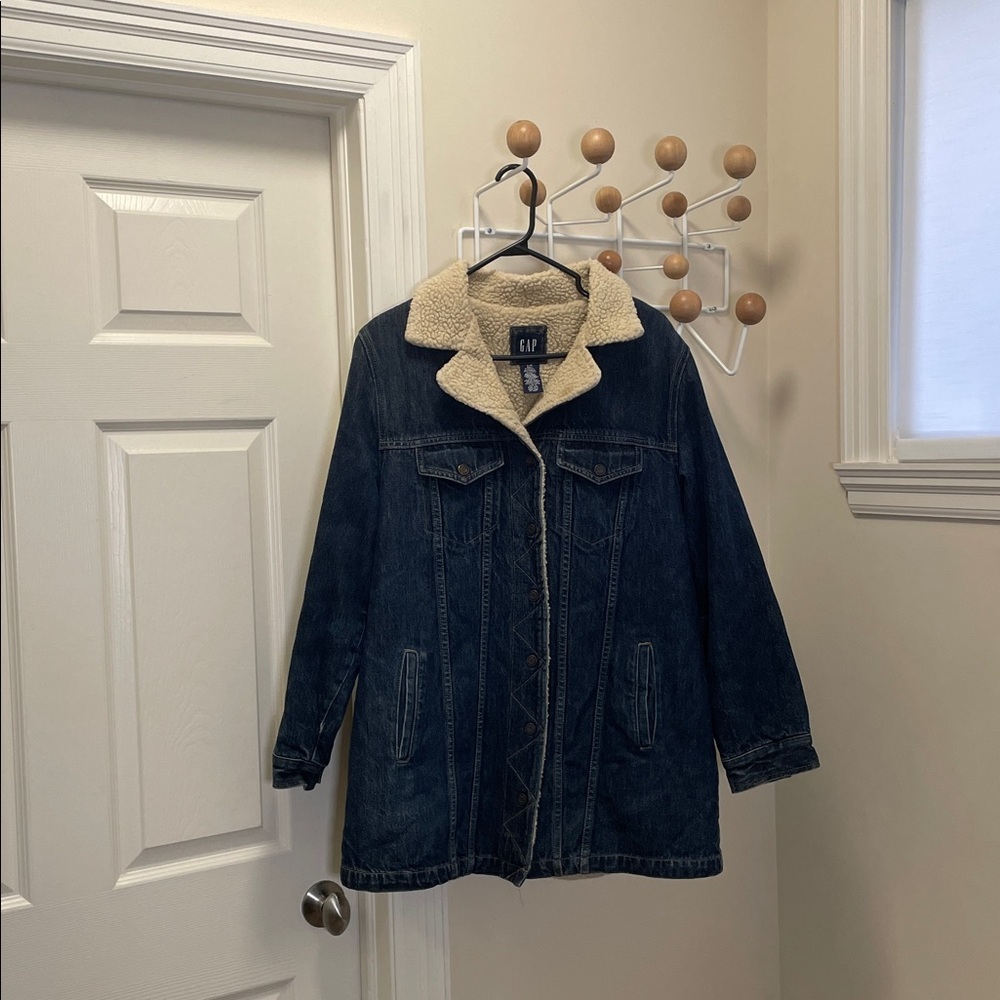 GAP - Classic Denim Sherpa Lined Long Jacket - Blue / Biege - L